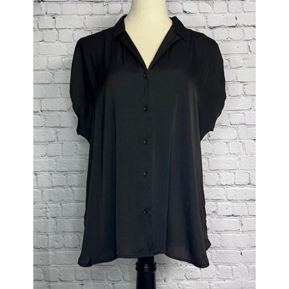 Nine West Shirt Sleeveless Cap Sleeve Blouse Button Front Black Women's Large